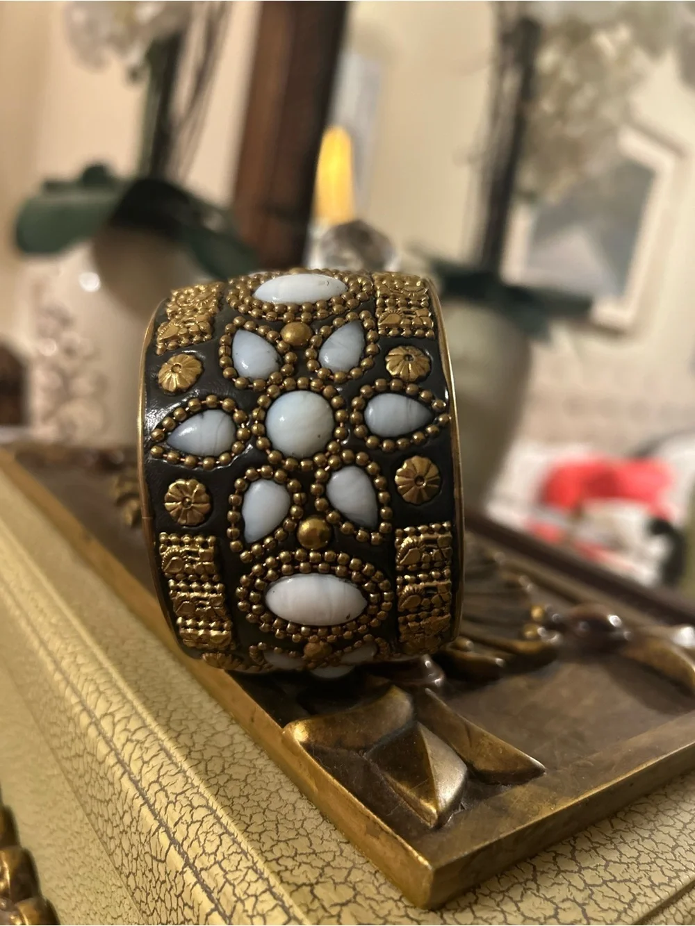 Beautiful!! Vintage Handmade Cuff Bracelet. Artisan Brass, Stones, Studs Boho